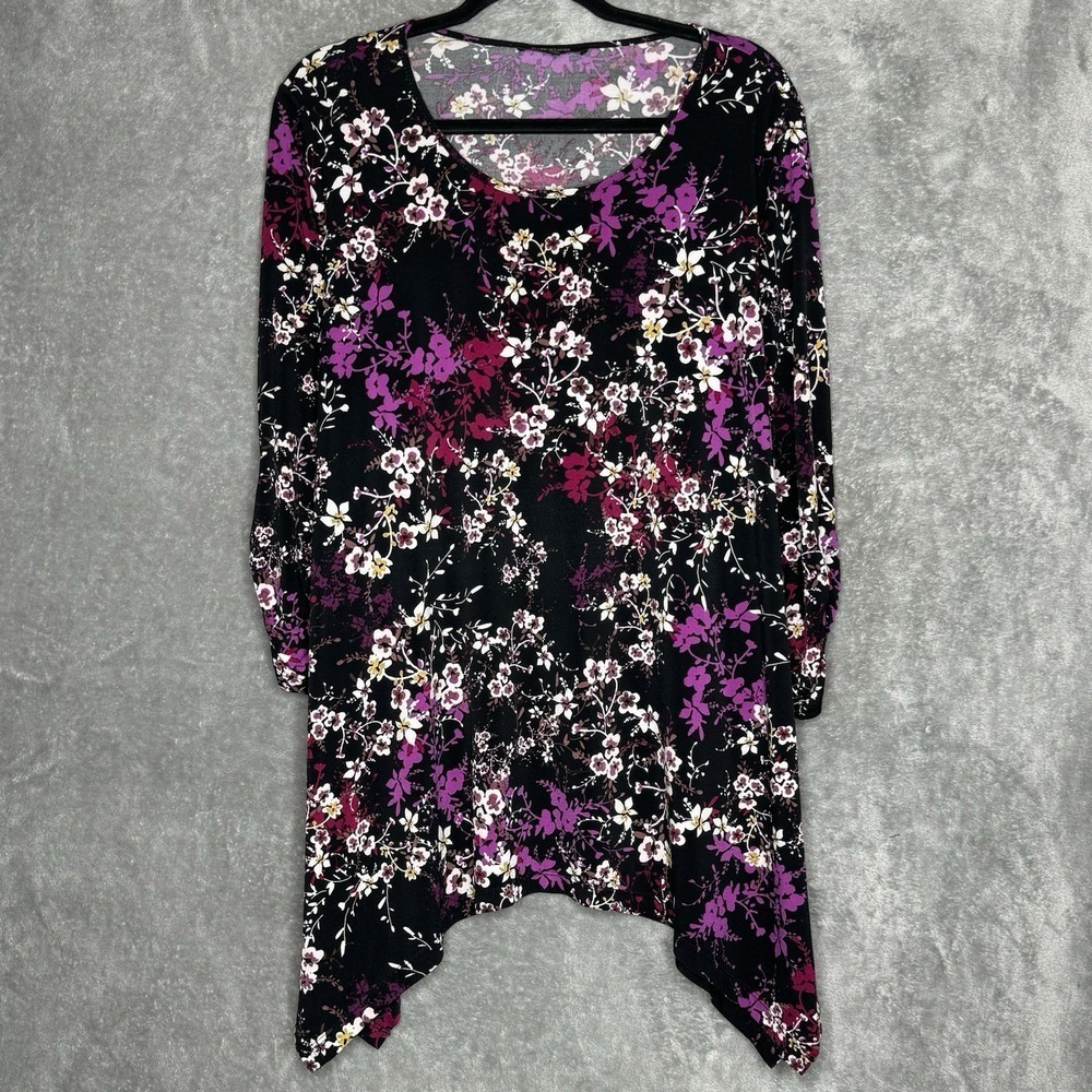Ellen Weaver XL Shirt Top Black Floral Ruched 3/4 Sleeve Scoop Neck Stretch